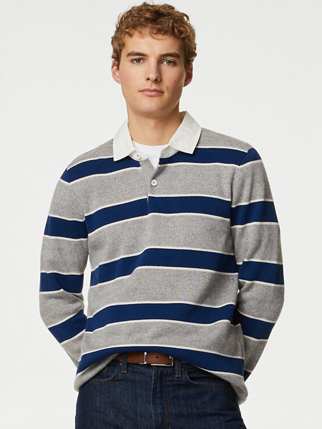 

Marks & Spencer Striped Long Sleeved Pure Cotton Polo Collar T-shirt, Grey