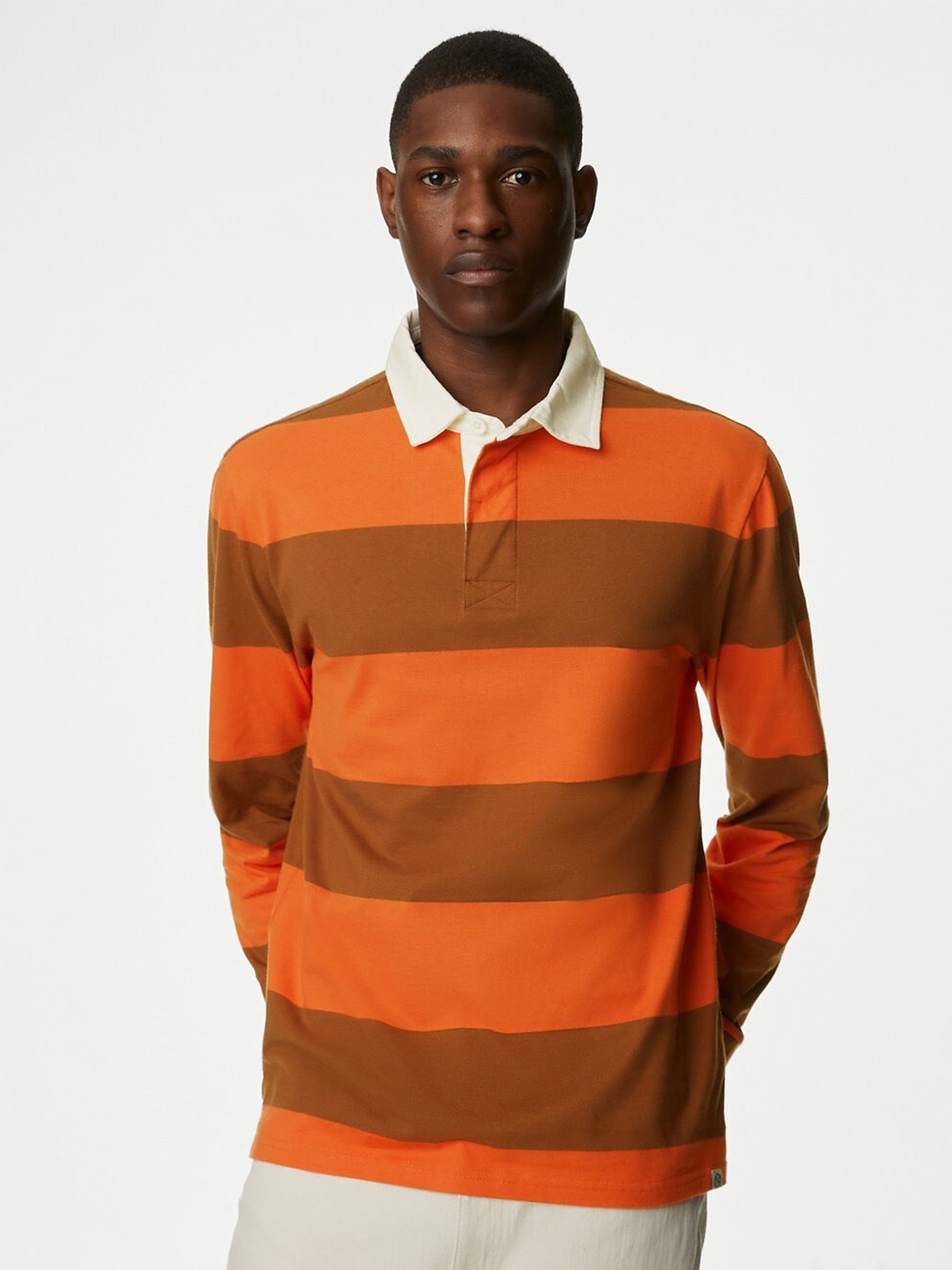 

Marks & Spencer Striped Polo Collar Pure Cotton Casual T-shirt, Orange