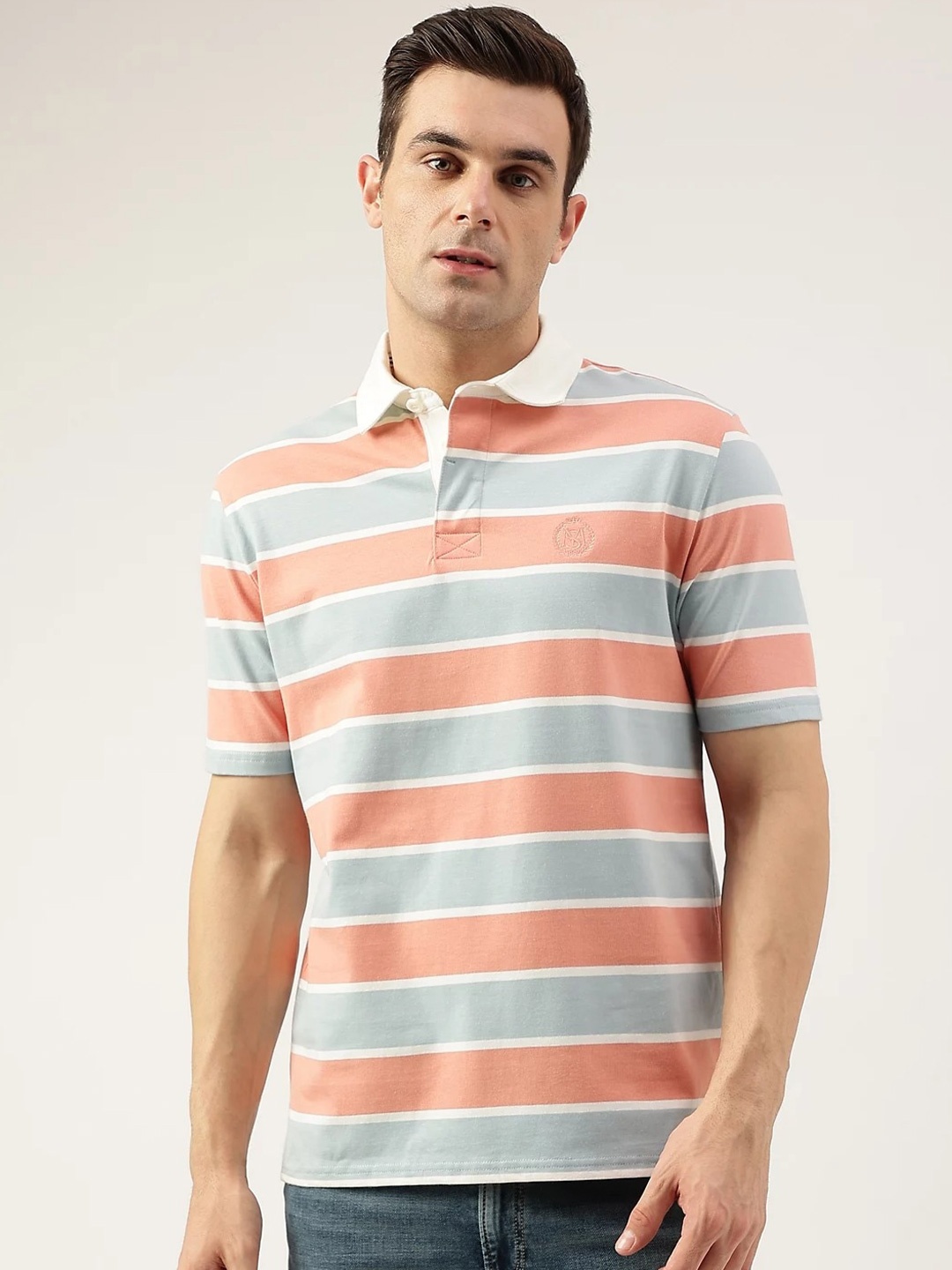 

Marks & Spencer Striped Polo Collar Pure Cotton T-shirt, Peach