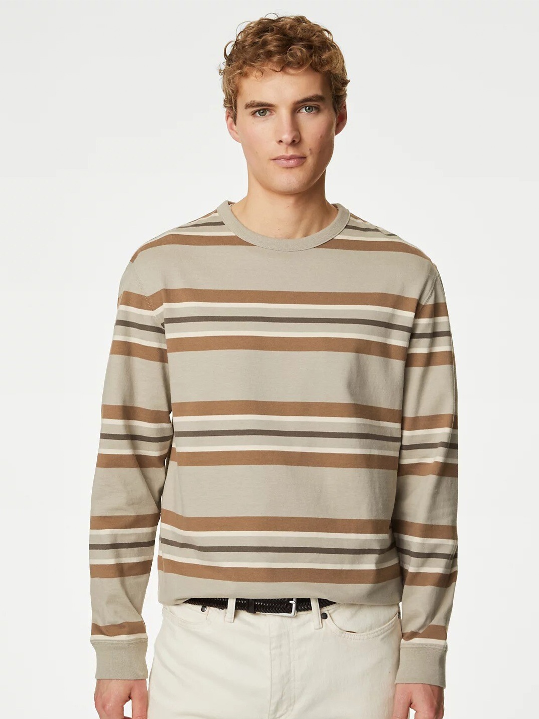 

Marks & Spencer Striped Pure Cotton T-shirt, Beige