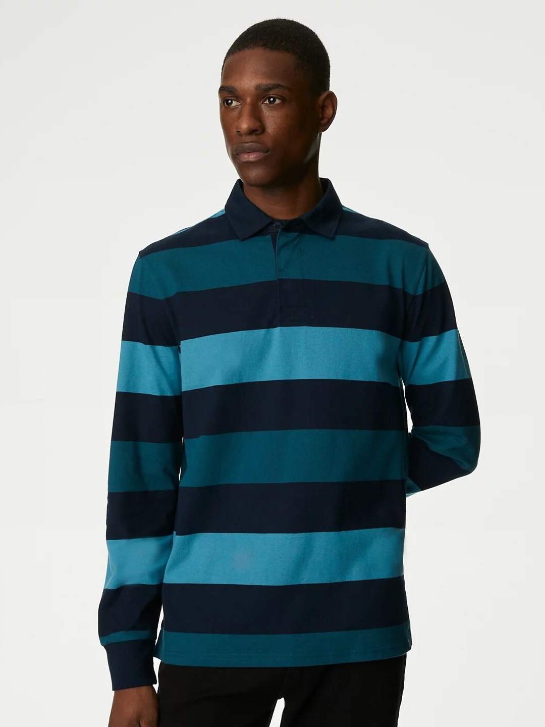 

Marks & Spencer Striped Polo Collar Pure Cotton T-shirt, Navy blue