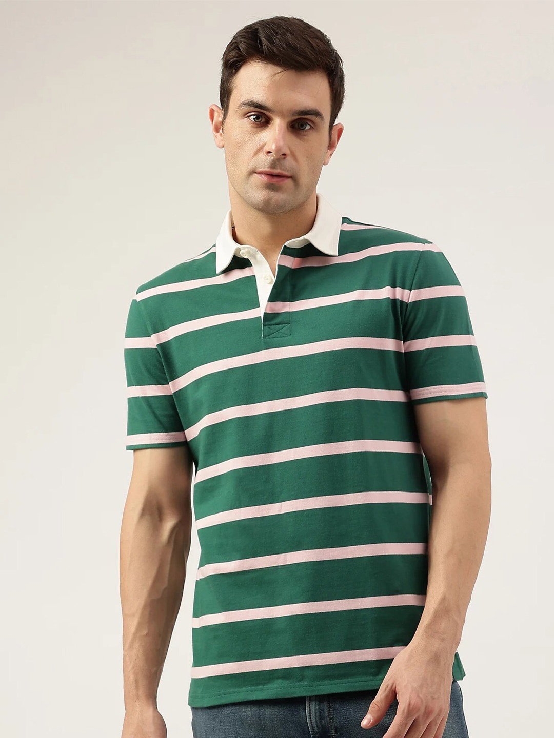 

Marks & Spencer Striped Polo Collar Pure Cotton T-shirt, Green
