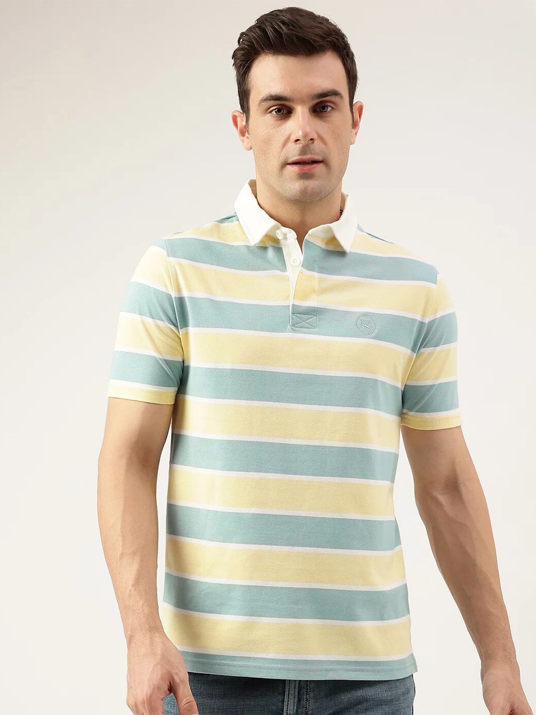 

Marks & Spencer Striped Polo Collar Pure Cotton T-shirt, Yellow