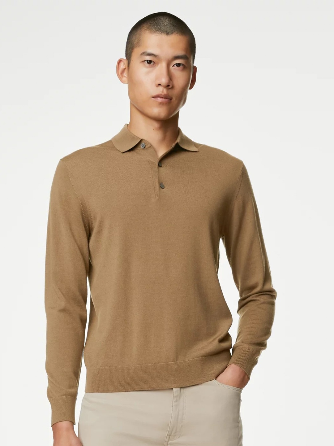 

Marks & Spencer Polo Collar Woollen T-shirt, Camel brown