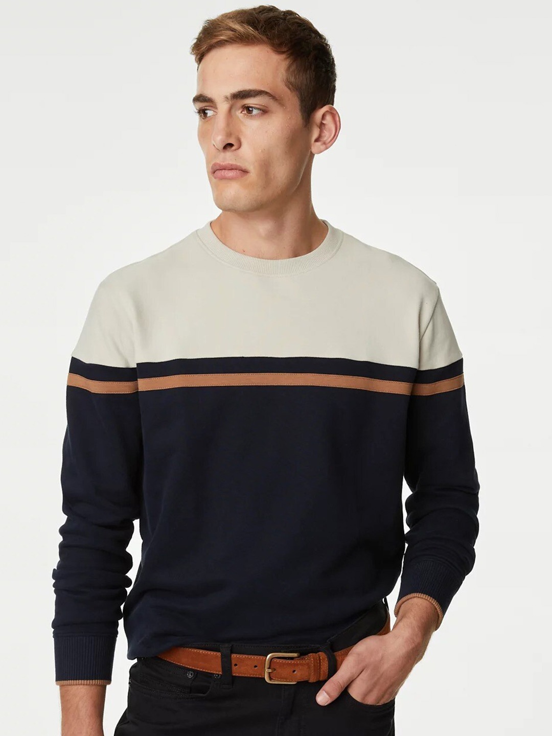 

Marks & Spencer Colourblocked Pure Cotton Pullover Sweatshirt, Navy blue