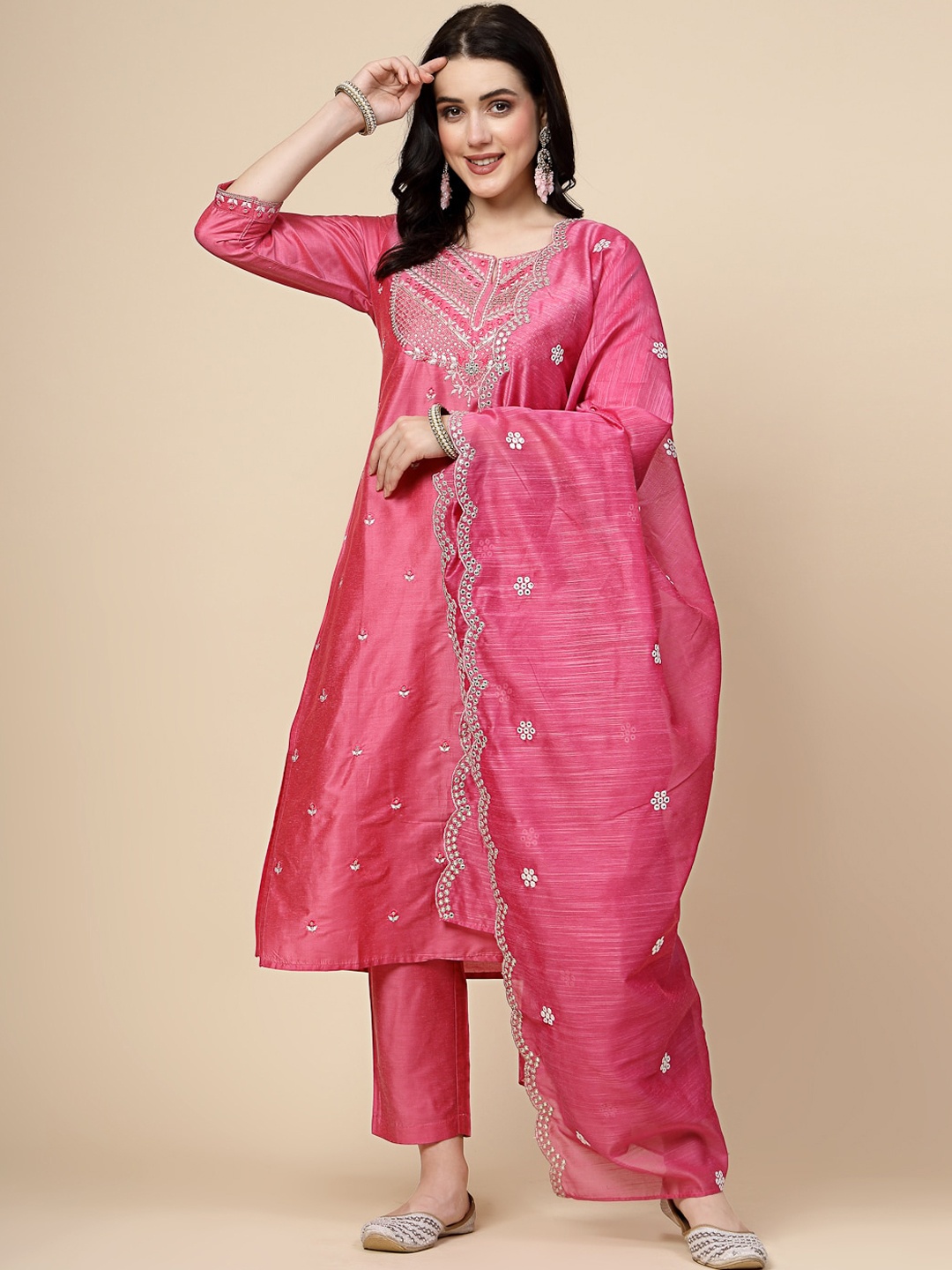 

Sangria Ethnic Motifs Embroidered A-Line Kurta With Trousers & Dupatta, Pink