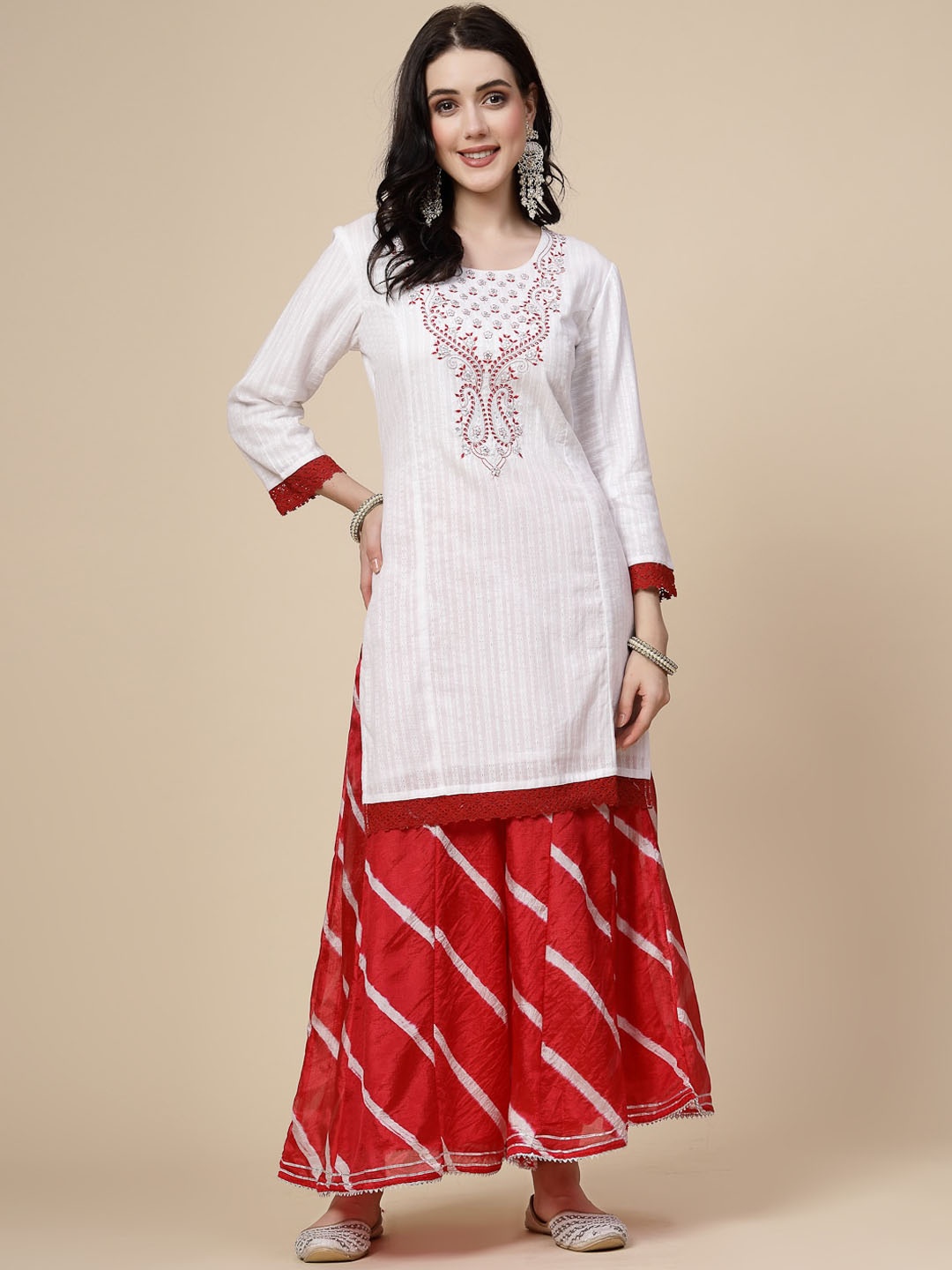 

Sangria Floral Embroidered Pure Cotton Kurta With Palazzo & Dupatta, White