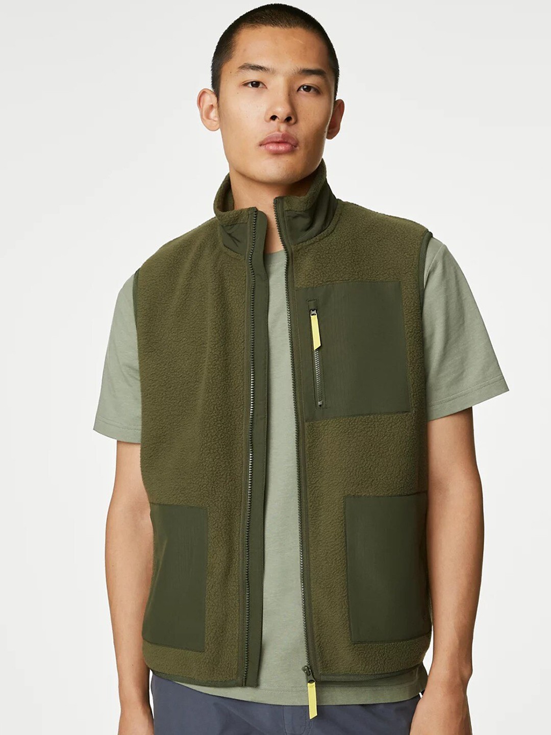 

Marks & Spencer Sleeveless Mock Collar Patchwork Bomber Jacket, Khaki