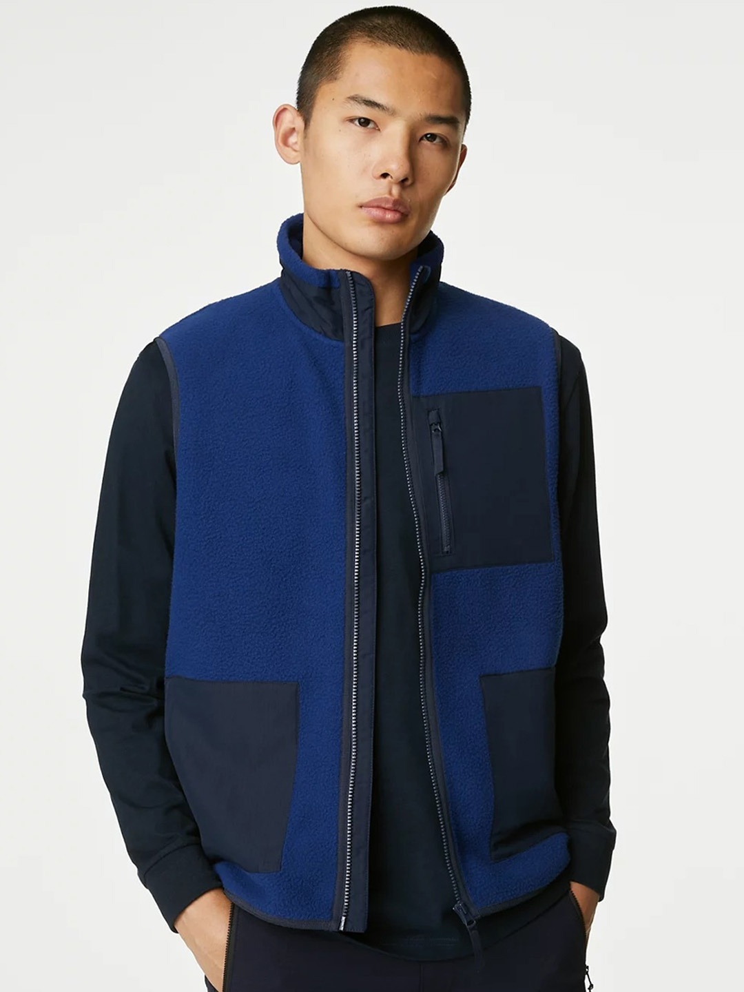 

Marks & Spencer Colourblocked Mock Collar Bomber Jacket, Blue