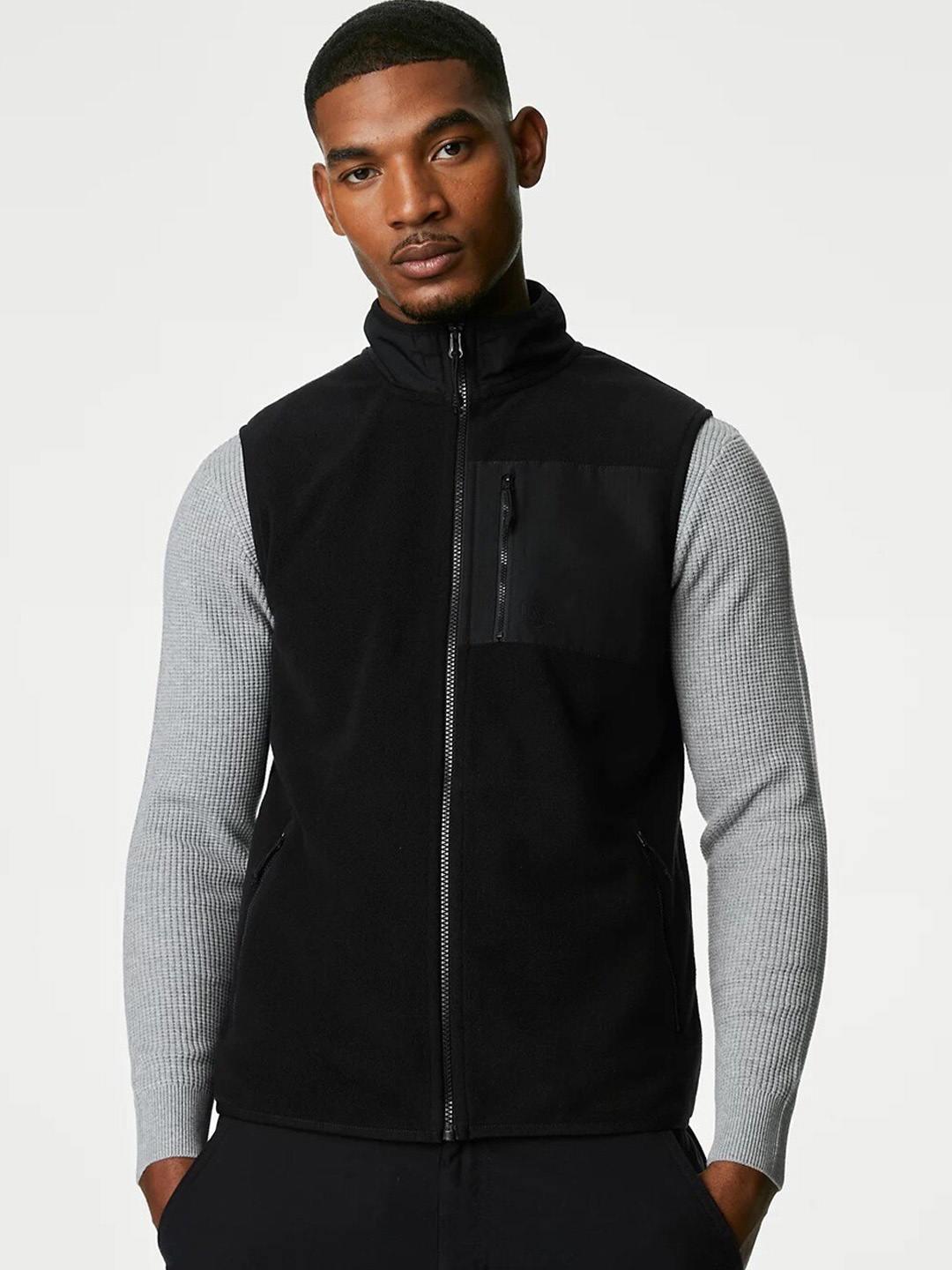 

Marks & Spencer Colourblocked Mock Collar Bomber Jacket, Black