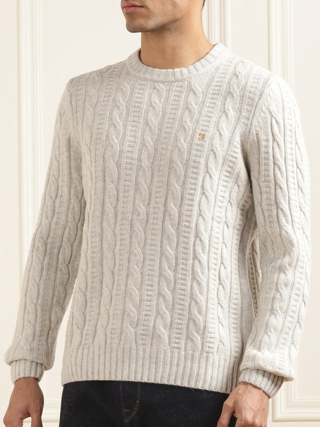 

Farah Cable Knit Self Designed Wool Pullover, Grey