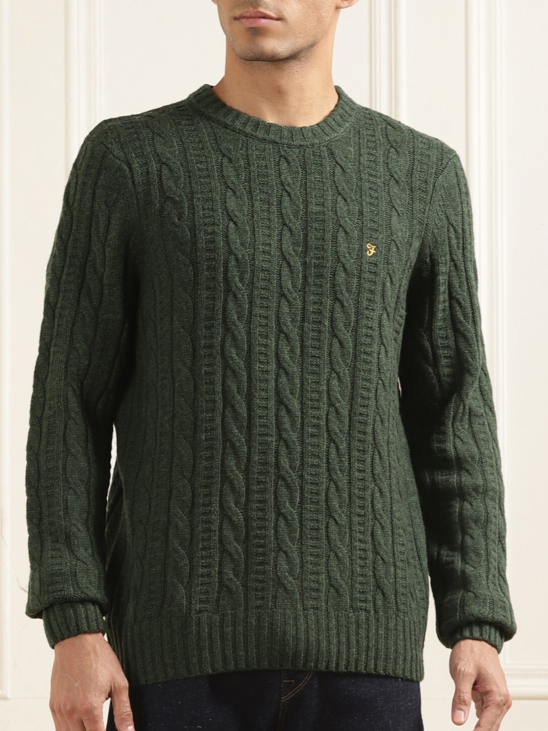 

Farah Cable Knit Self Designed Wool Pullover, Green