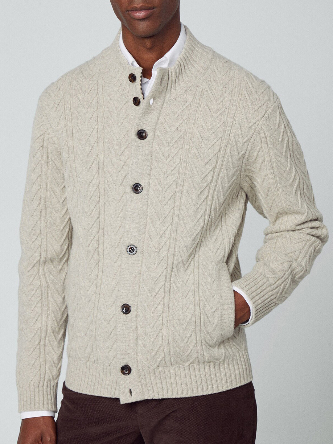 

HACKETT LONDON Cable Knit Self Designed Wool Cardigan, Grey