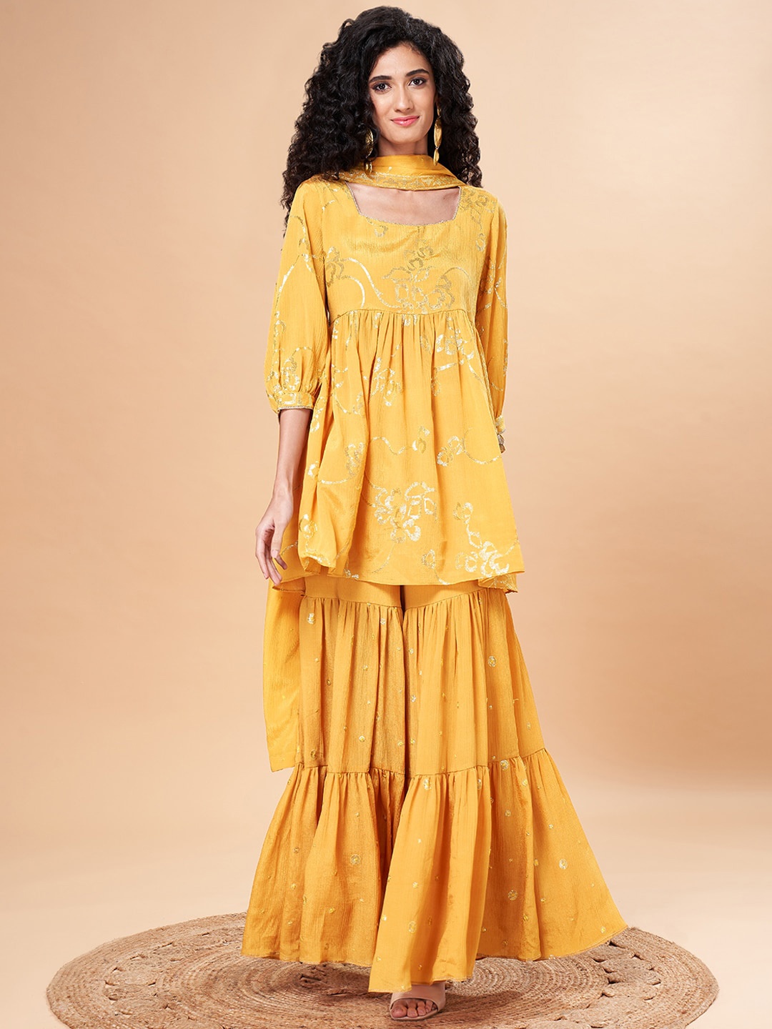 

Marigold Lane Ethnic Motifs Embroidered Sequinned Kurti with Sharara & With Dupatta, Yellow