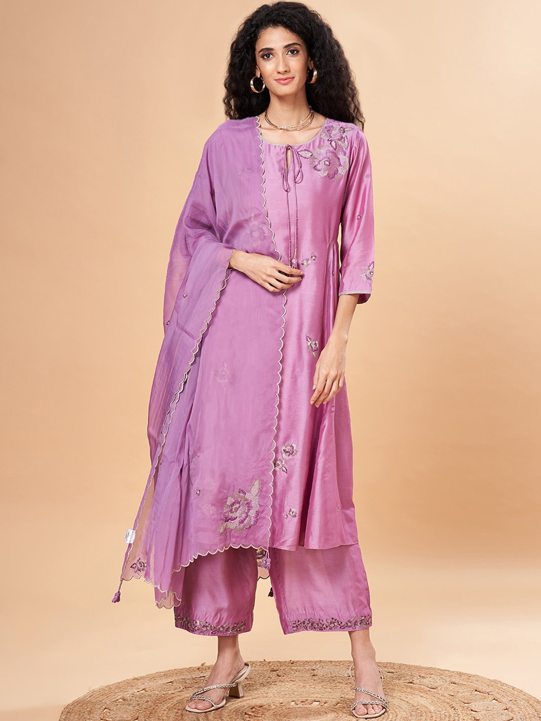 

Marigold Lane Floral Embroidered Pleated A-Line Kurta With Palazzos & Dupatta, Mauve