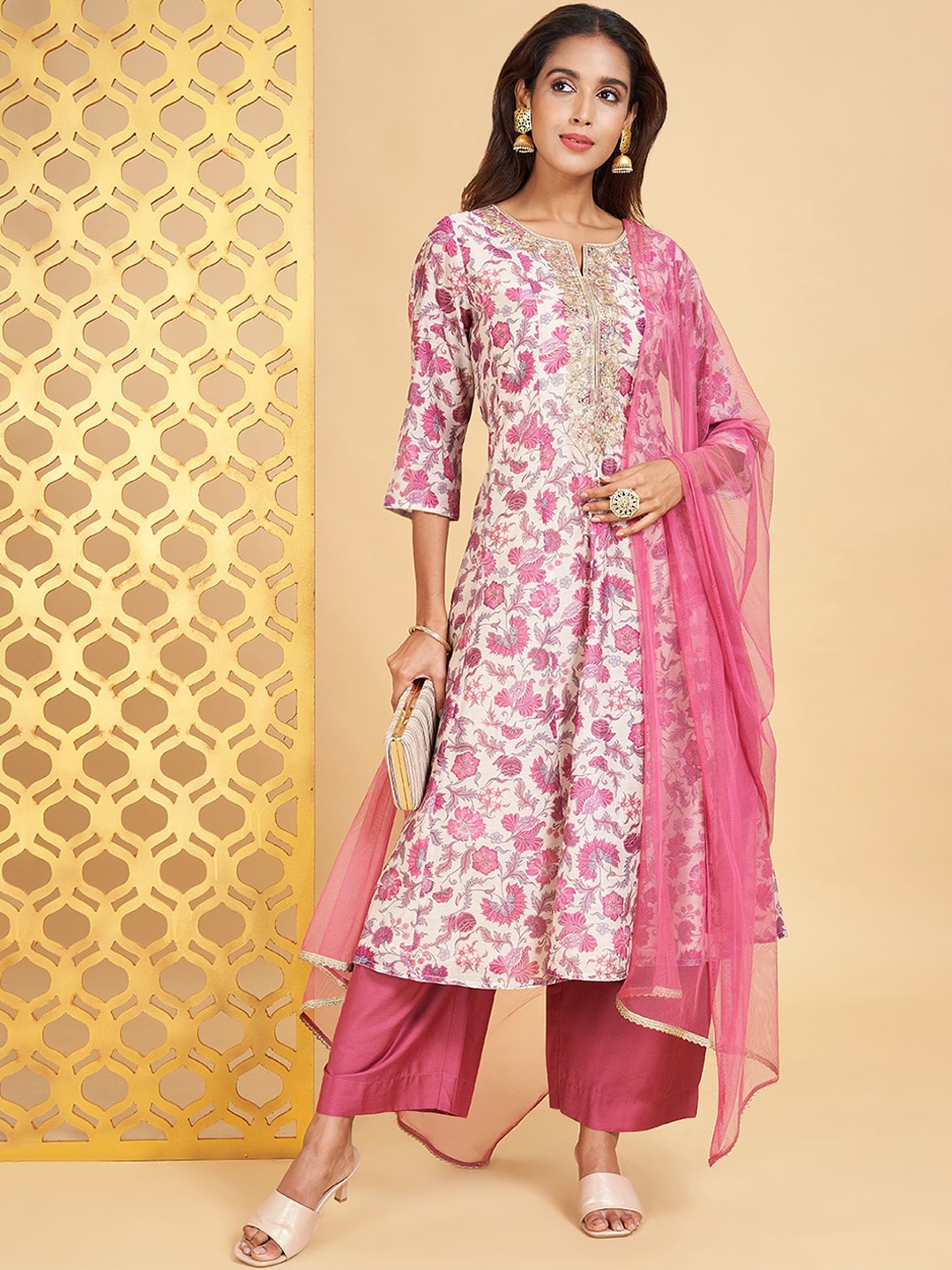 

RANGMANCH BY PANTALOONS Floral Printed Sequinned Kurta with Trousers & Dupatta, Beige