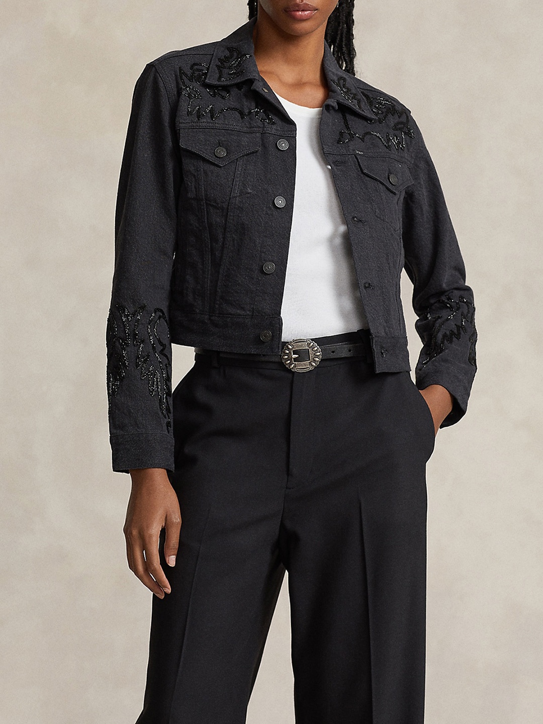 

Polo Ralph Lauren Embroidered Spread Collar Denim Jacket, Black