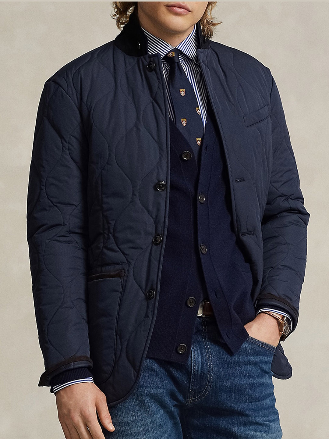 

Polo Ralph Lauren Stand Collar Suede-Trim Quilted Jacket, Navy blue