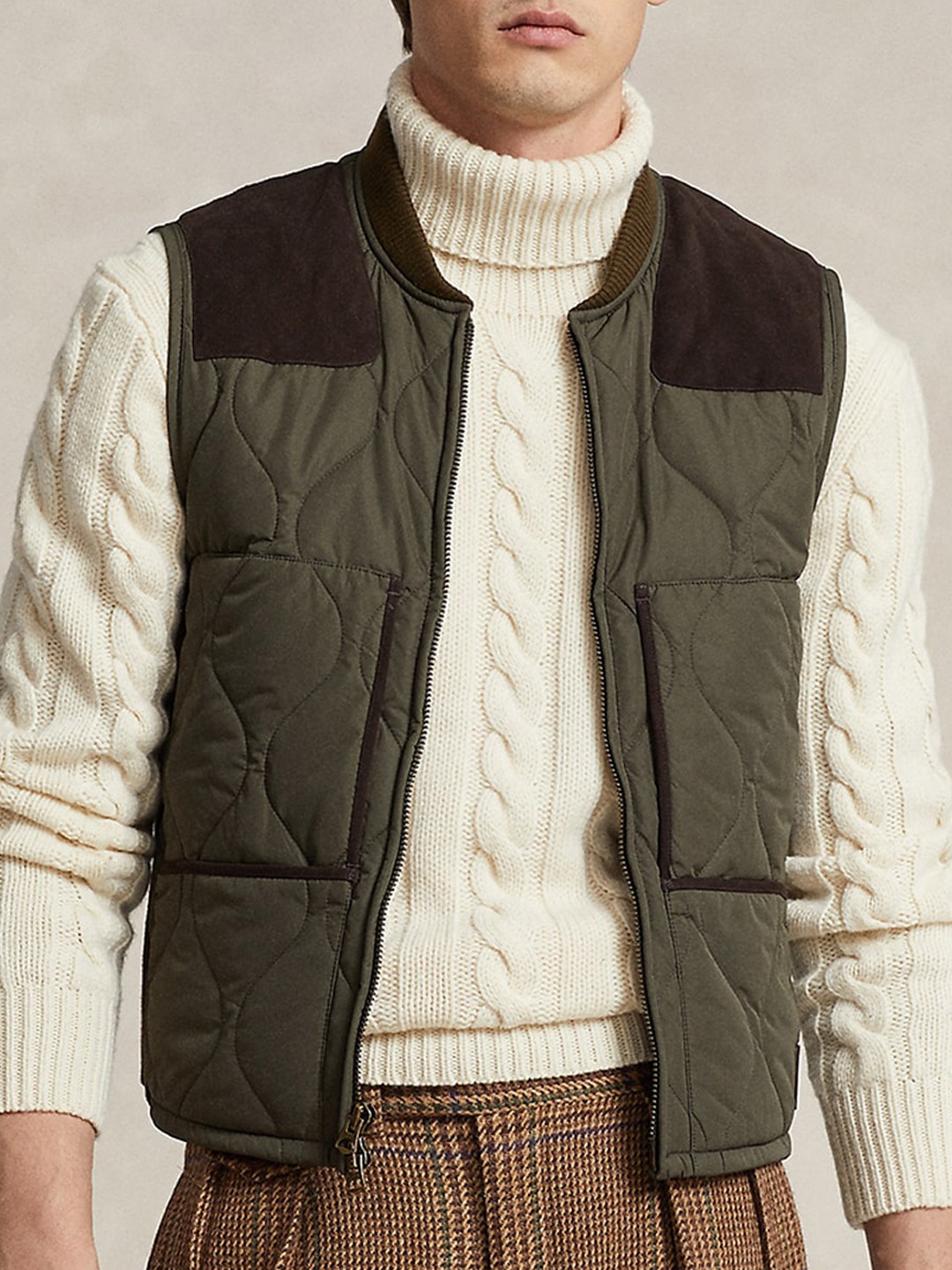 

Polo Ralph Lauren Stand Collar Suede-Trim Quilted Vest, Green