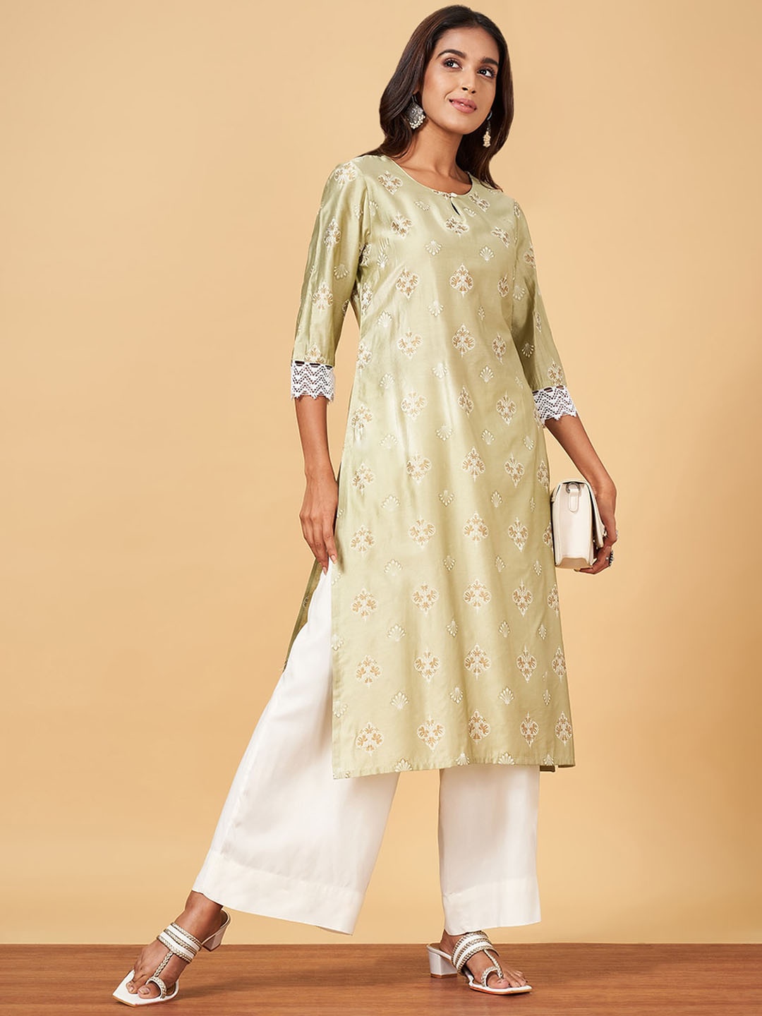 

YU by Pantaloons Ethnic Motifs Printed Keyhole Neck Straight Kurta, Green