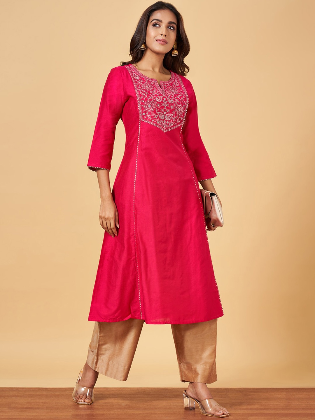 

YU by Pantaloons Ethnic Motifs Embroidered Yoke Design Panelled A-Line Kurta, Pink