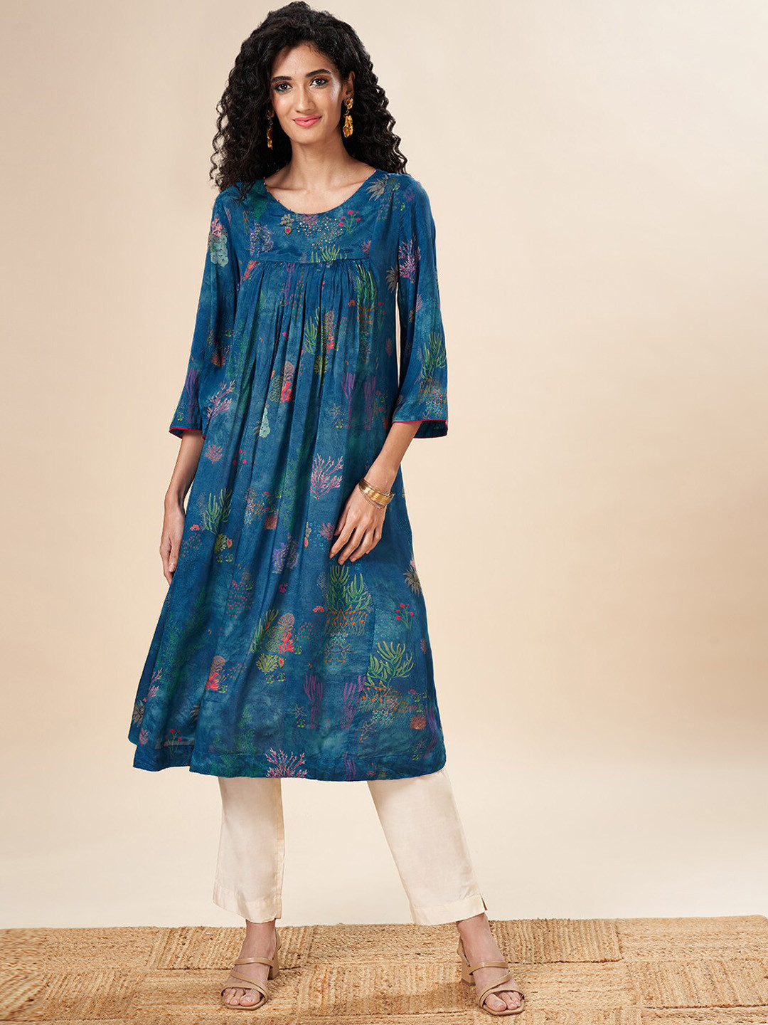 

Marigold Lane Floral Printed Pleated Anarkali Silk Kurta, Blue