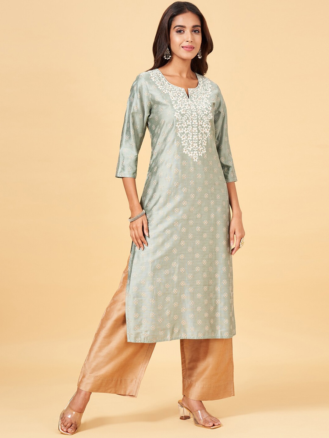 

RANGMANCH BY PANTALOONS Ethnic Motifs Printed Thread Work Straight Kurta, Green