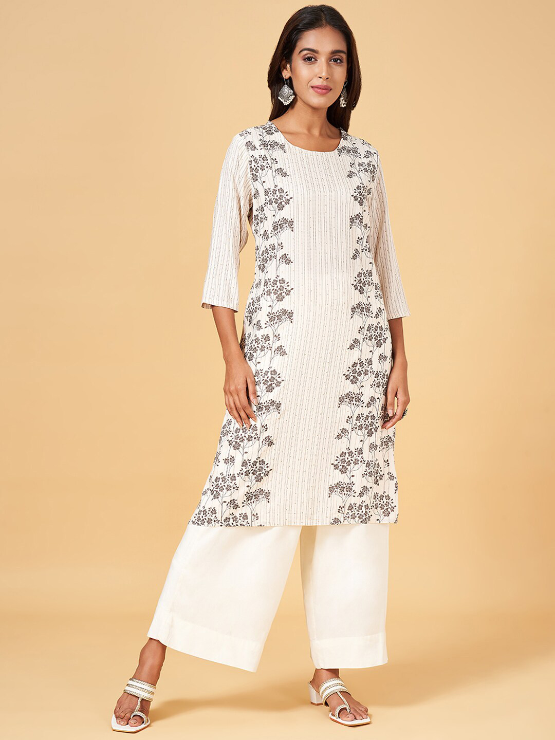 

RANGMANCH BY PANTALOONS Floral Printed Sequined Straight Kurta, Off white