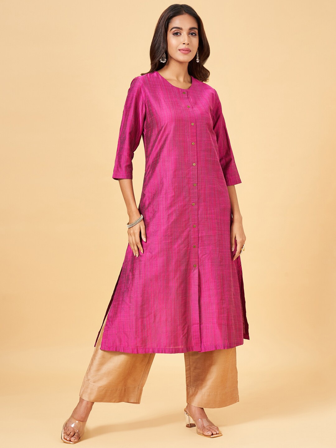 

RANGMANCH BY PANTALOONS Striped Straight Kurta, Magenta