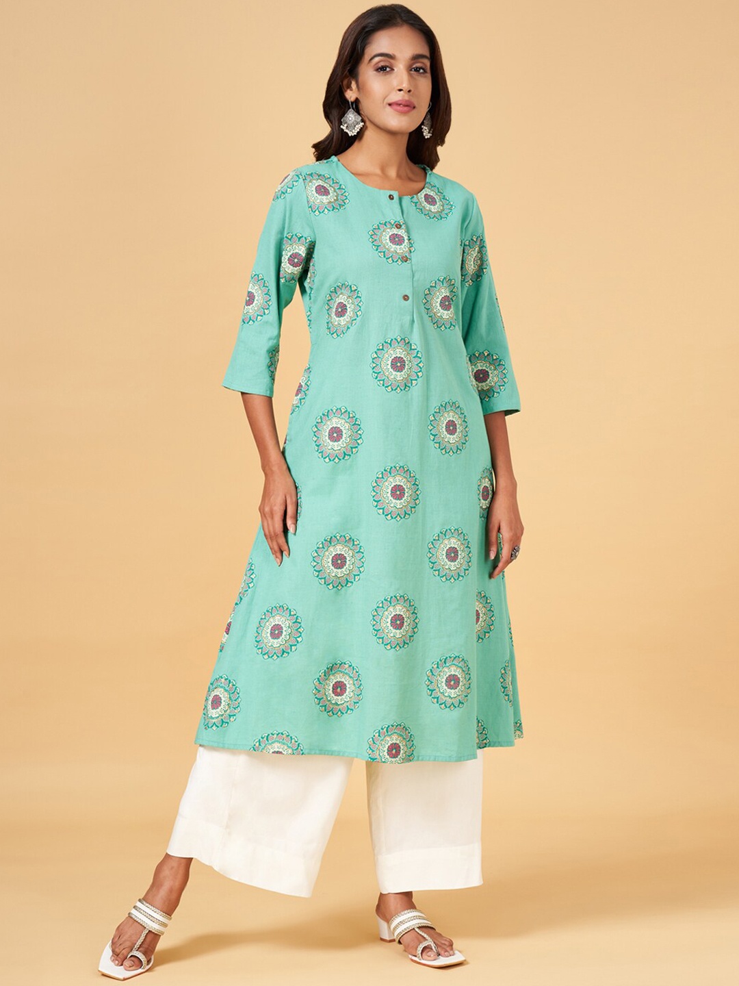 

RANGMANCH BY PANTALOONS Ethnic Motifs Printed Cotton Kurta, Green