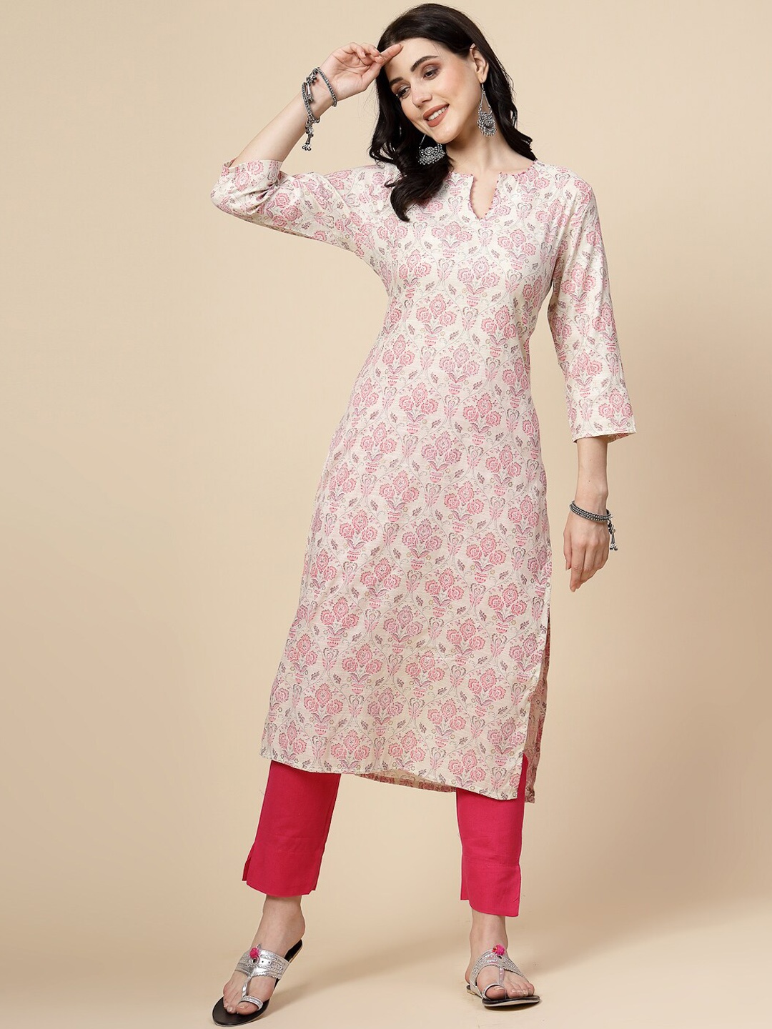 

all about you Floral Printed Straight Kurta, Pink