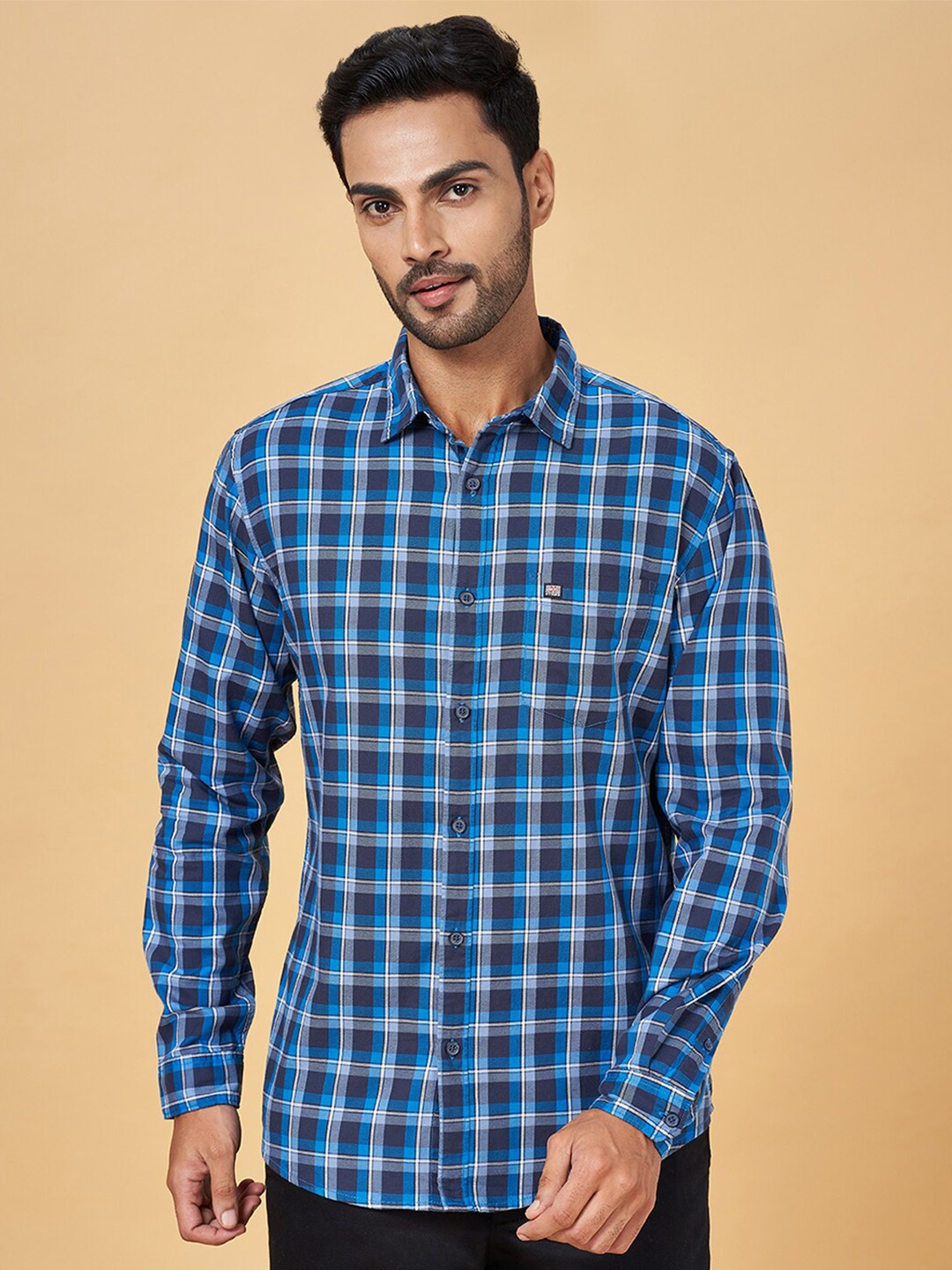 

BYFORD by Pantaloons Slim Fit Tartan Checked Cotton Casual Shirt, Blue