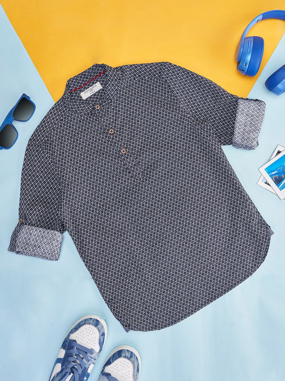 

Pantaloons Junior Boys Geometric Printed Cotton Shirt, Navy blue