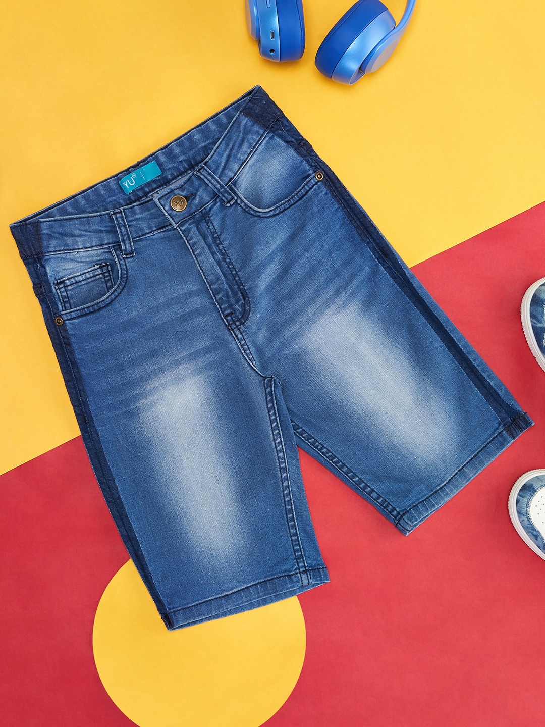 

YU by Pantaloons Boys Washed Mid Rise Cotton Denim Shorts, Blue