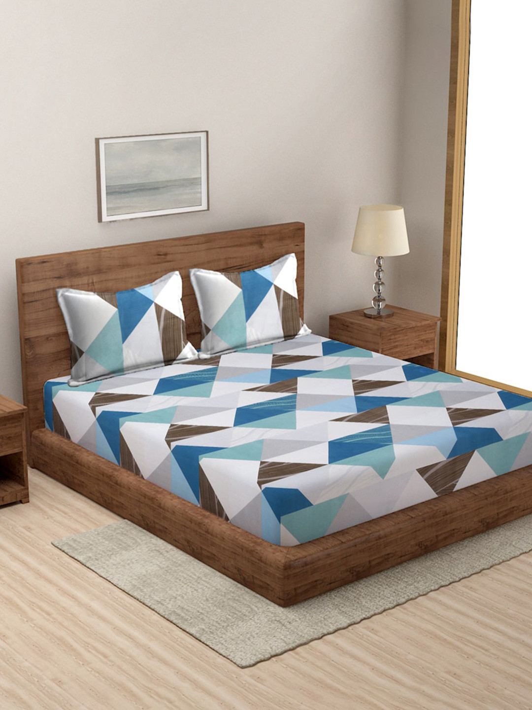 

MODEFE White & Blue Geometric Microfiber 144 TC Queen Bedsheet with 2 Pillow Covers