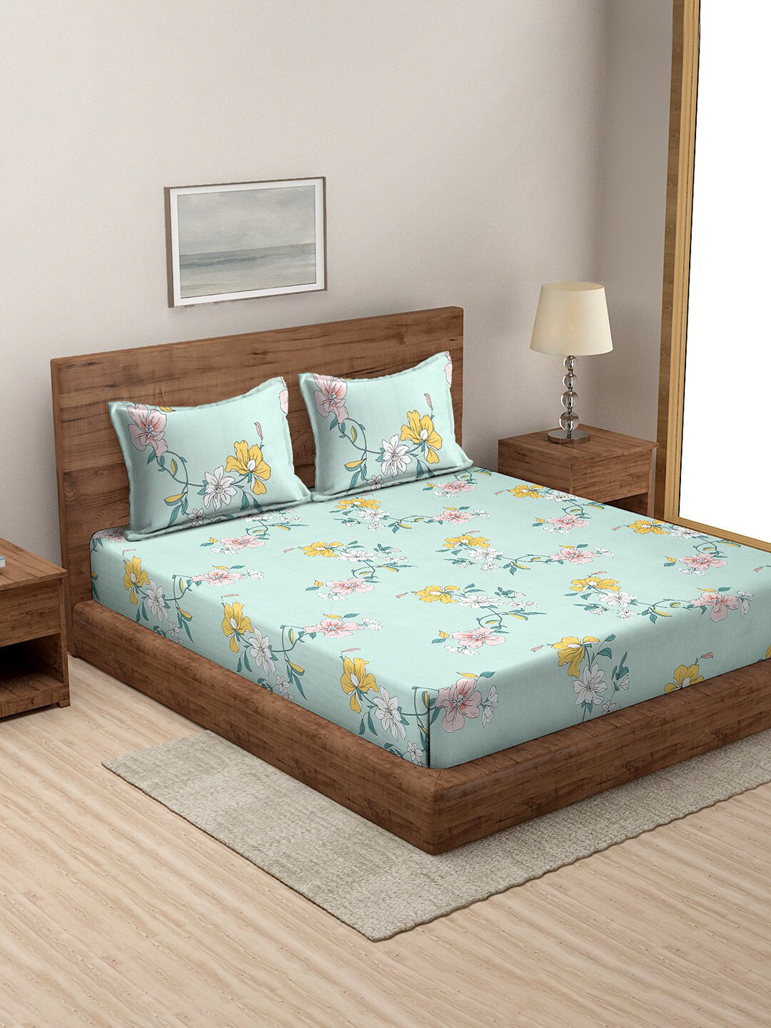 

MODEFE Green & White Floral Microfiber 144 TC Queen Bedsheet with 2 Pillow Covers
