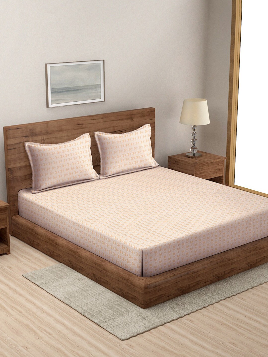 

MODEFE Peach & White Geometric Microfiber 144 TC Queen Bedsheet With 2 Pillow Covers