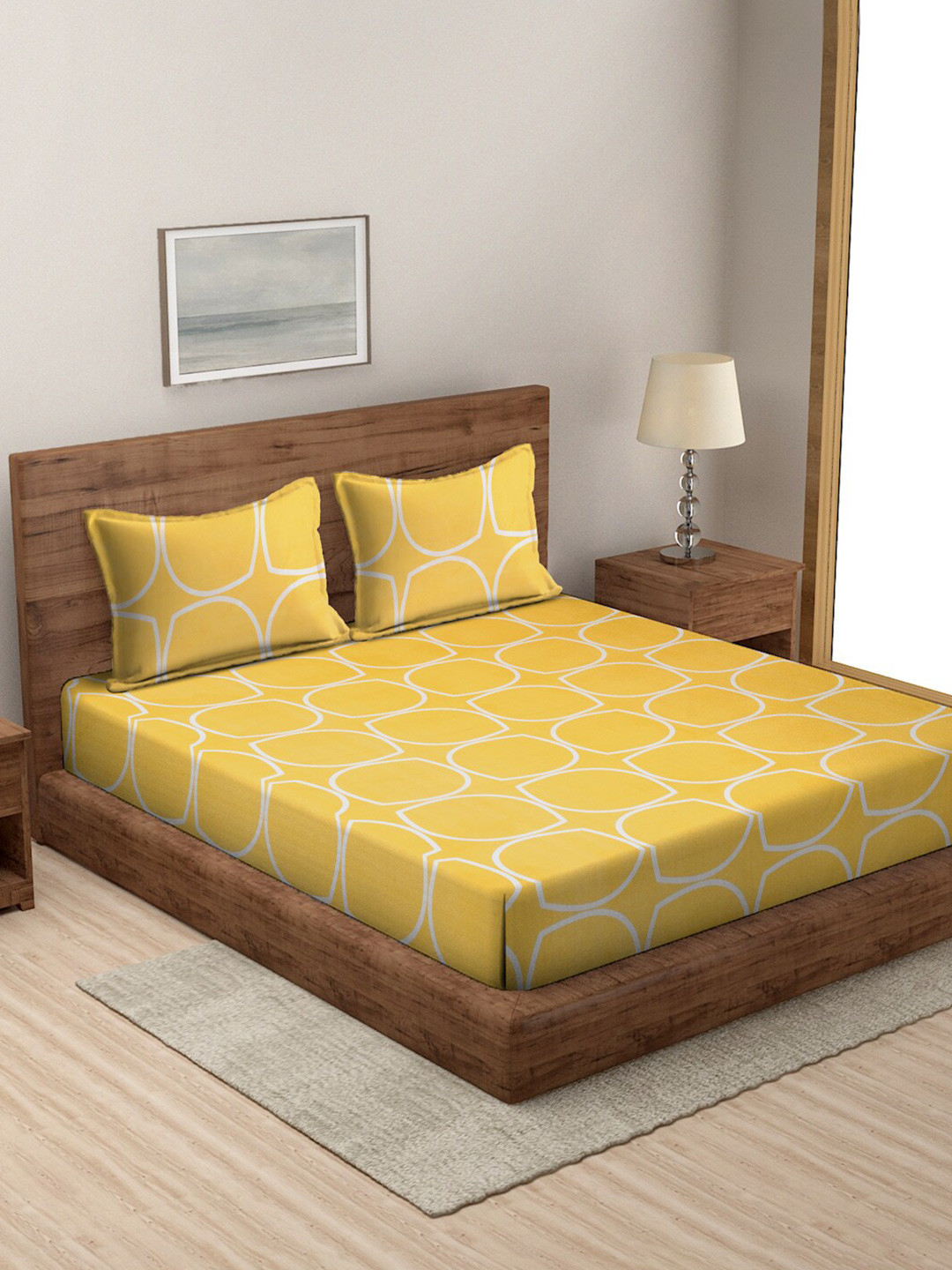 

MODEFE Yellow & White Geometric Microfiber 144 TC Queen Bedsheet With 2 Pillow Covers