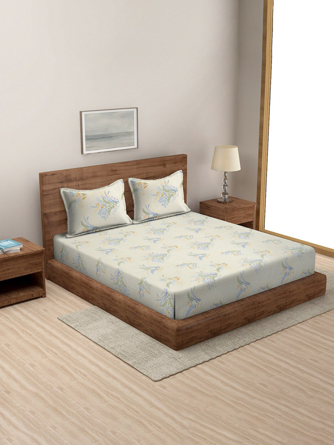 

MODEFE Cream-Coloured & Green Floral Microfiber 144 TC Queen Bedsheet With 2 Pillow Covers