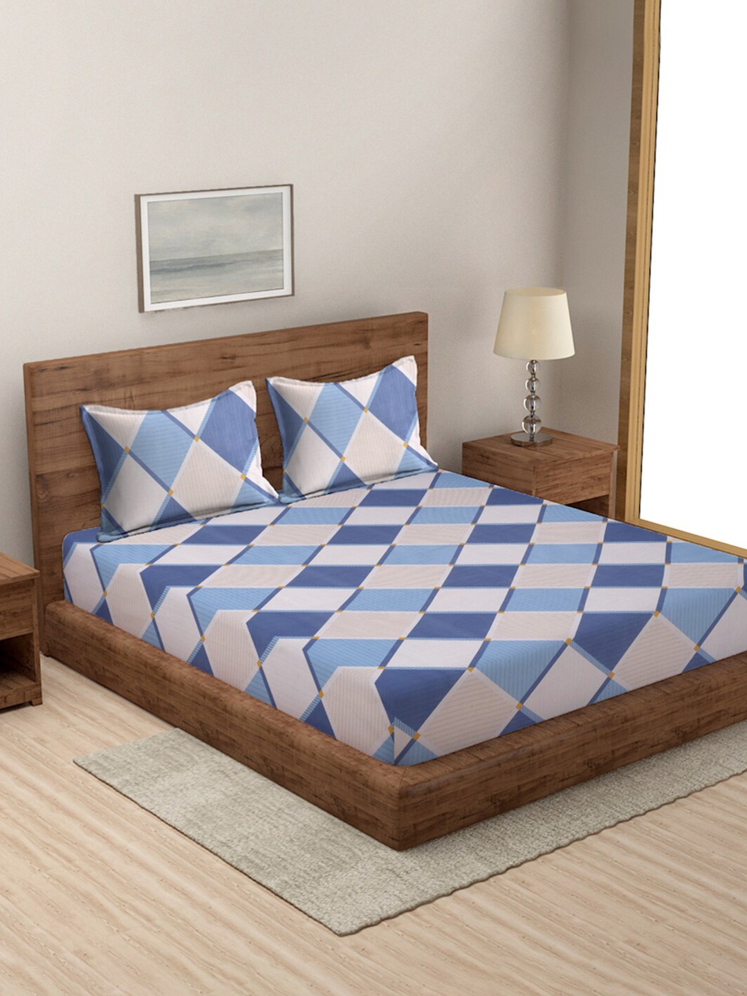 

MODEFE Blue & White Geometric Microfiber 144 TC Queen Bedsheet with 2 Pillow Covers