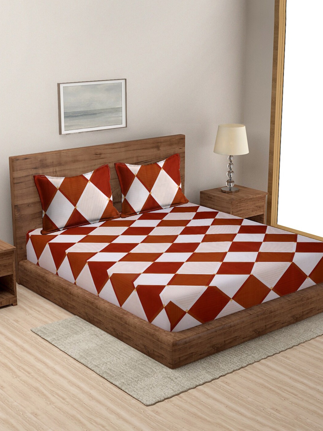 

MODEFE Maroon & White Geometric 144 TC Queen Bedsheet with 2 Pillow Covers