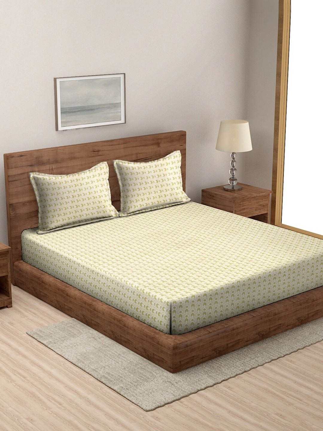 

MODEFE Beige & Green Geometric 144 TC Queen Bedsheet with 2 Pillow Covers