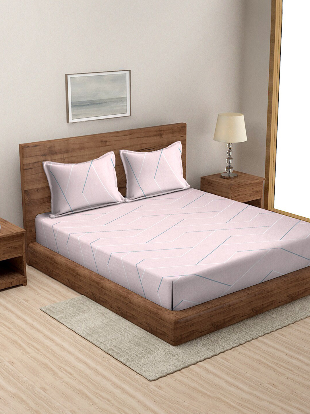 

MODEFE Peach-Coloured & White Printed 144 TC Queen Bedsheet with 2 Pillow Covers