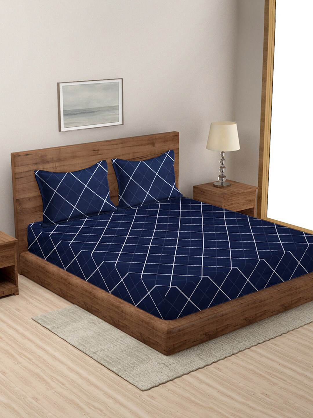 

MODEFE Navy Blue & White Geometric Microfiber 144 TC Queen Bedsheet With 2 Pillow Covers