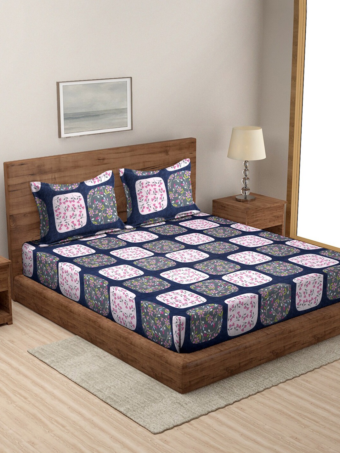 

MODEFE Blue & Pink Geometric Microfiber 144 TC Queen Bedsheet With 2 Pillow Covers
