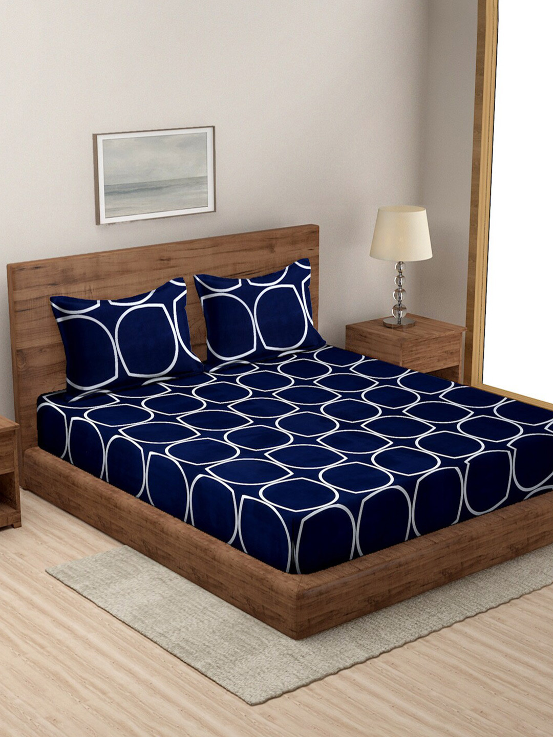 

MODEFE Blue & White Geometric Microfiber 144 TC Queen Bedsheet With 2 Pillow Covers