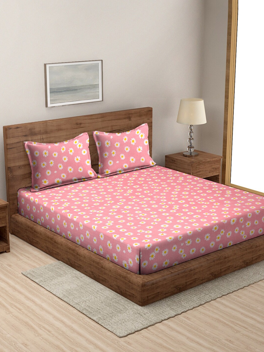 MODEFE Pink & White Printed 144 TC Queen Bedsheet with 2 Pillow Covers