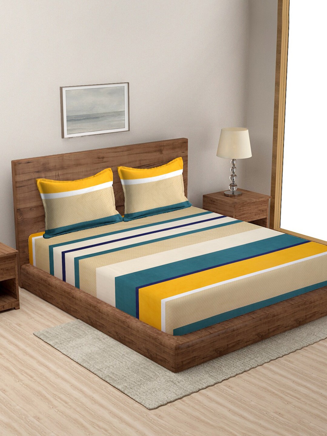 

MODEFE Yellow & Blue Striped Microfiber 144 TC Queen Bedsheet with 2 Pillow Covers