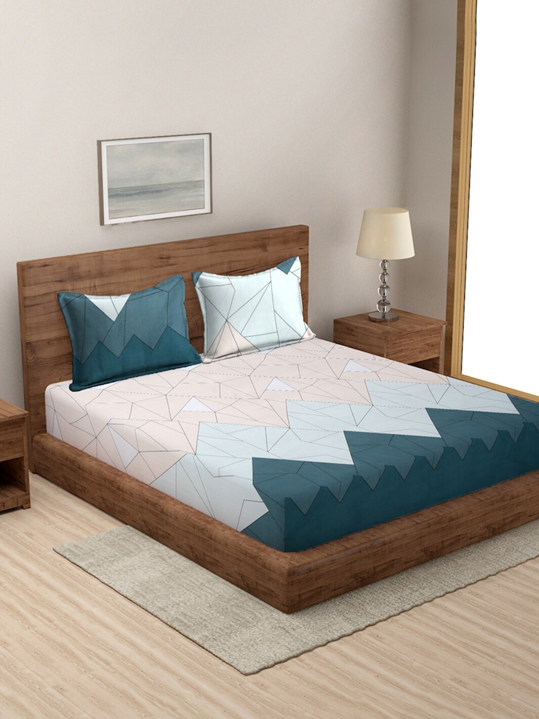 

MODEFE Beige & Green Geometric Microfiber 144 TC Queen Bedsheet with 2 Pillow Covers