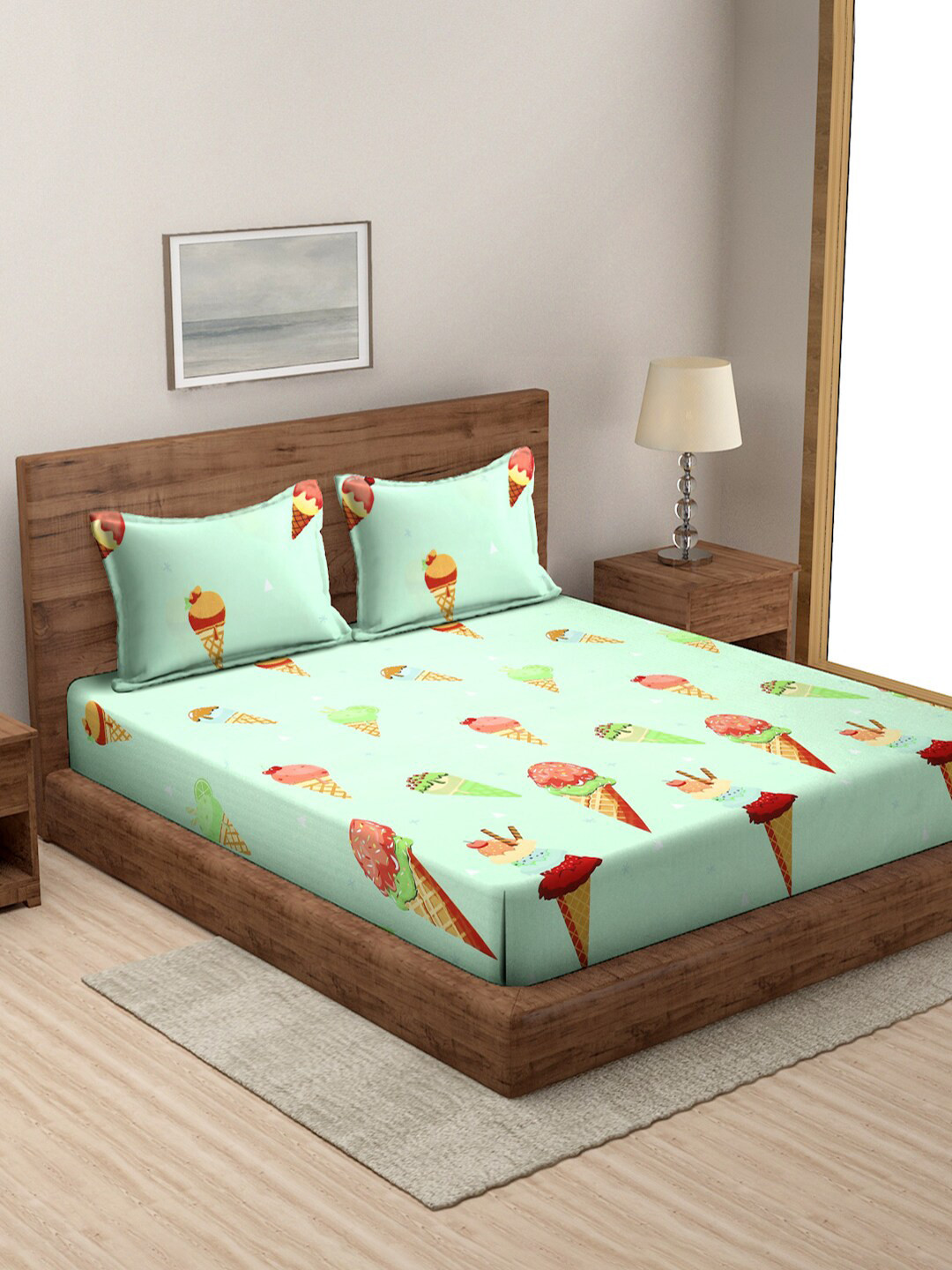 

MODEFE Sea Green & Brown Graphic Microfiber 144 TC Queen Bedsheet with 2 Pillow Covers